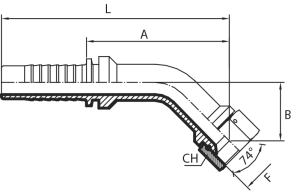 45° JIC Female swept elbow 74° cone (thrust-wire nut)