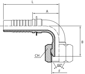 90° BSPP Female swept elbow 60° cone (slip-on nut)