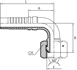 90° BSPP O-ring Female swept elbow 60° cone (thrust-wire nut)
