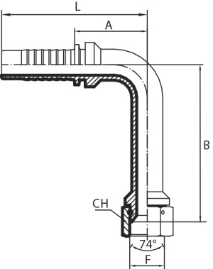 CHECK 90° JIC Female swept elbow 74° cone (thrust-wire nut)