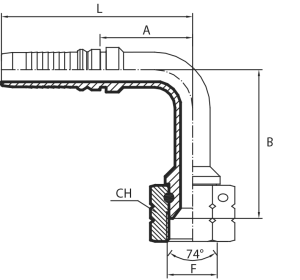 90° JIC Female swept elbow 74° cone (thrust-wire nut) long drop - INTERLOCK