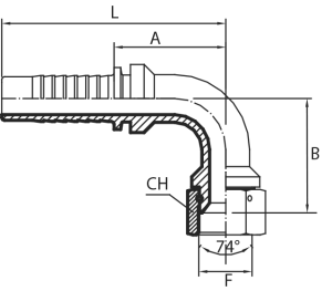 90° JIC Female swept elbow 74° cone (thrust-wire nut)