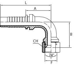 90° JIC Female swept elbow 74° cone (thrust-wire nut)