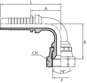 90° JIC Female swept elbow 74° cone
