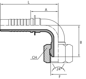 90° metric Female swept elbow 24° cone - French type