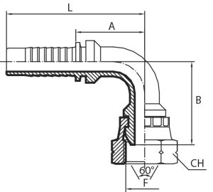 90° Metric Female swept elbow 60° cone