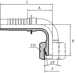 90° O-ring metric Female swept elbow 24° cone - S type