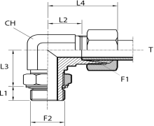 Angular rotary fitting with bulkhead nut