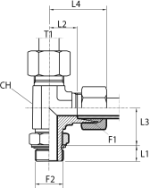 L Rotary fitting with bulkhead nut - O-ring seal ring