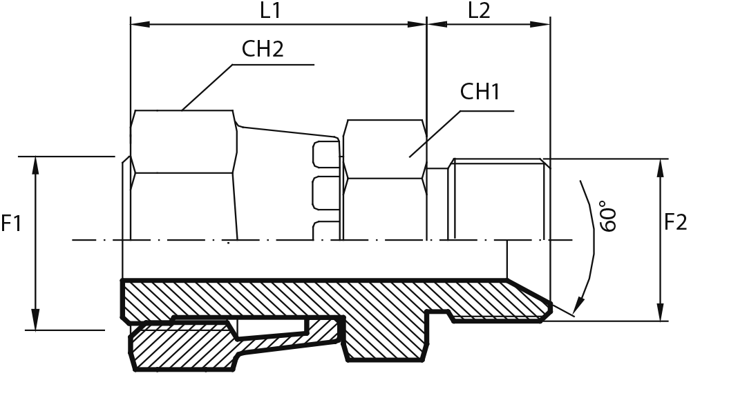 Adaptor female ORFS - male BSPP with 60° cone