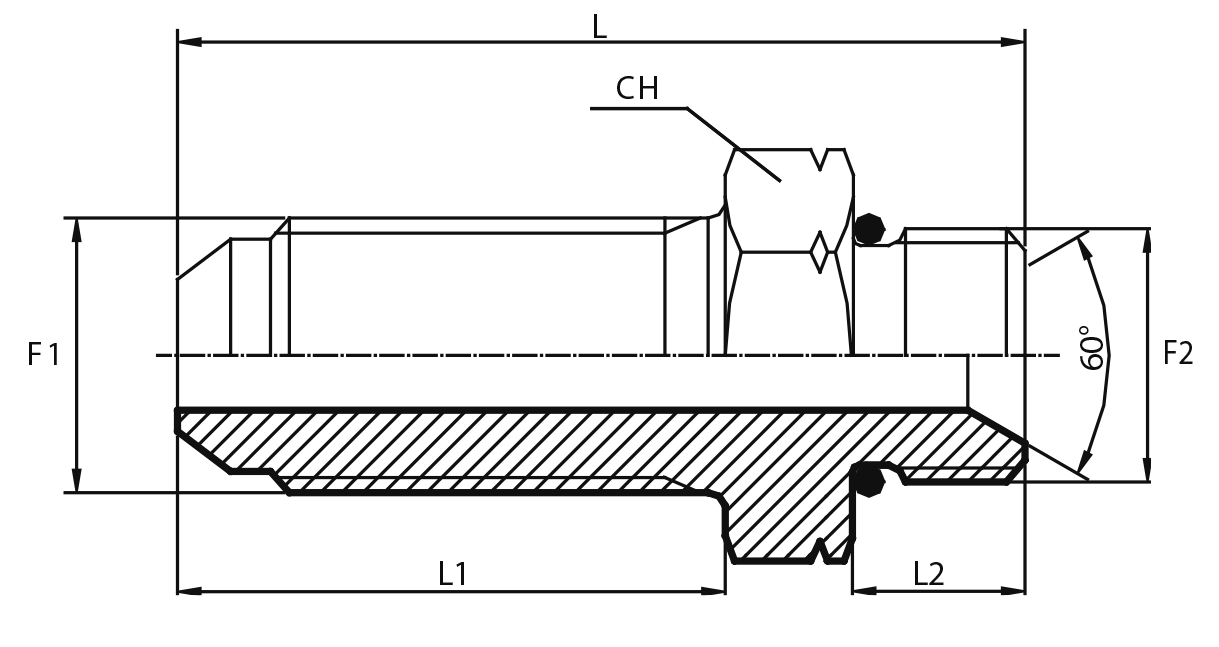 Long connector male JIC - metric male with 60° cone