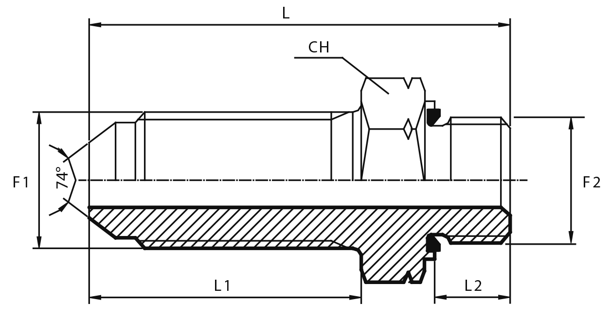 Long connector male JIC - metric male form E