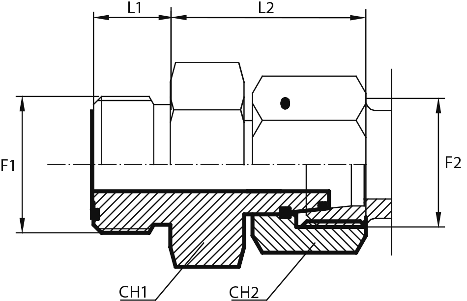 Adaptor male ORFS - female DIN (thrust-wire nut)