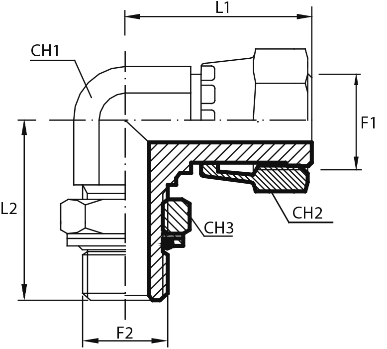 90° Adaptor female ORFS - adjustable male BSPP with O-ring and retaining seal