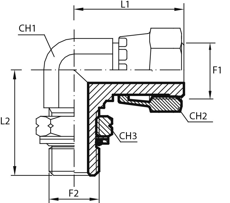 90° Adaptor female ORFS - adjustable metric male with O-ring and retaining seal