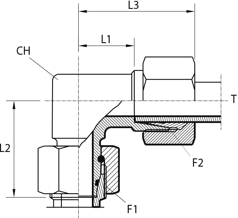 Angular rotary fitting with O-ring seal