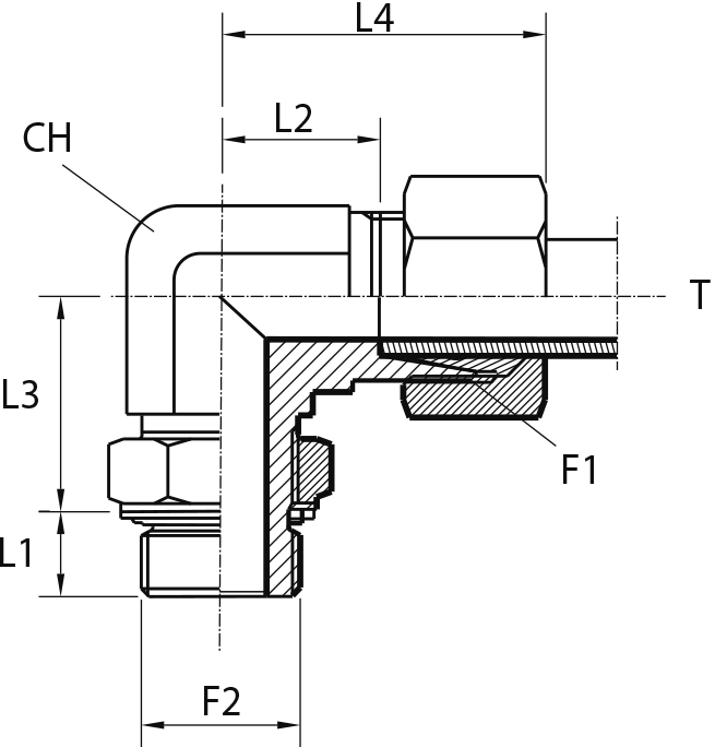 Angular rotary fitting with bulkhead nut