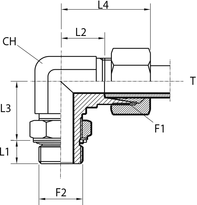 Angular rotary fitting with bulkhead nut - O-ring seal ring