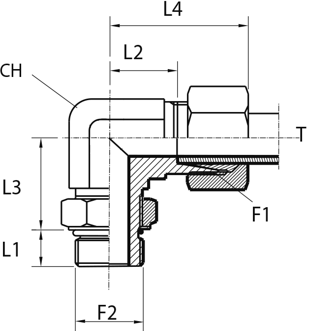 Angular rotary fitting with bulkhead nut