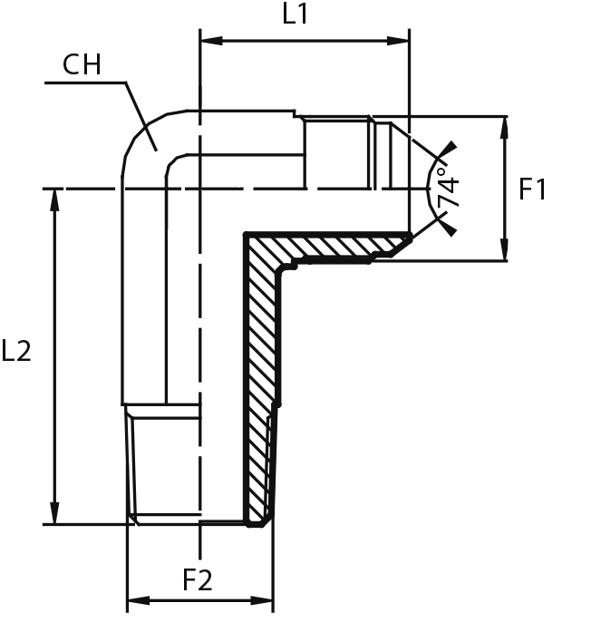 90° Long connector male JIC - male BSPT