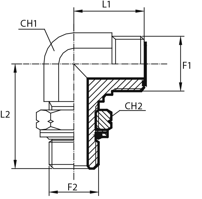 90° adjustable Adaptor male ORFS - metric male with O-ring and retaining seal