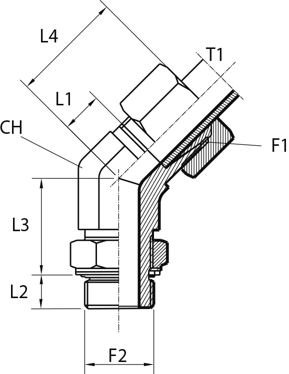 Rotary 45° fitting with bulkhead nut