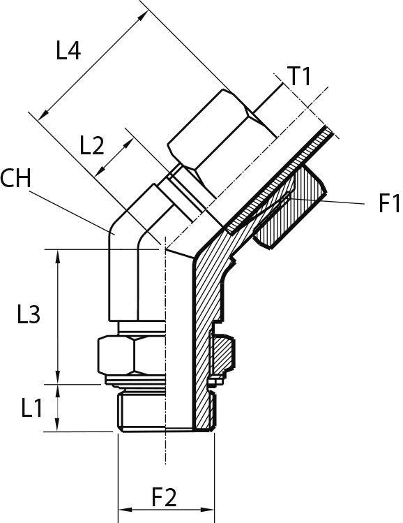 Rotary 45° fitting with bulkhead nut - O-ring seal ring