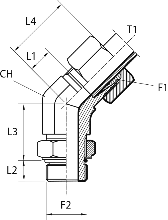 Rotary 45° fitting with bulkhead nut