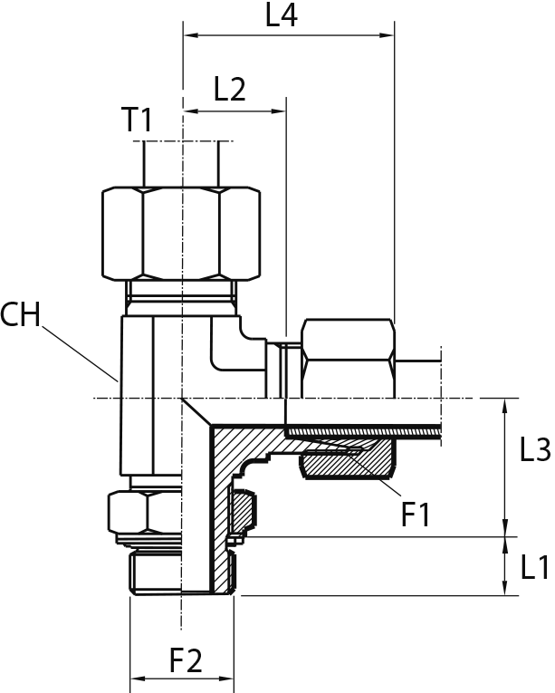 L Rotary fitting with bulkhead nut