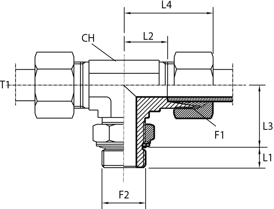 Tee Rotary fitting with bulkhead nut - O-ring seal ring