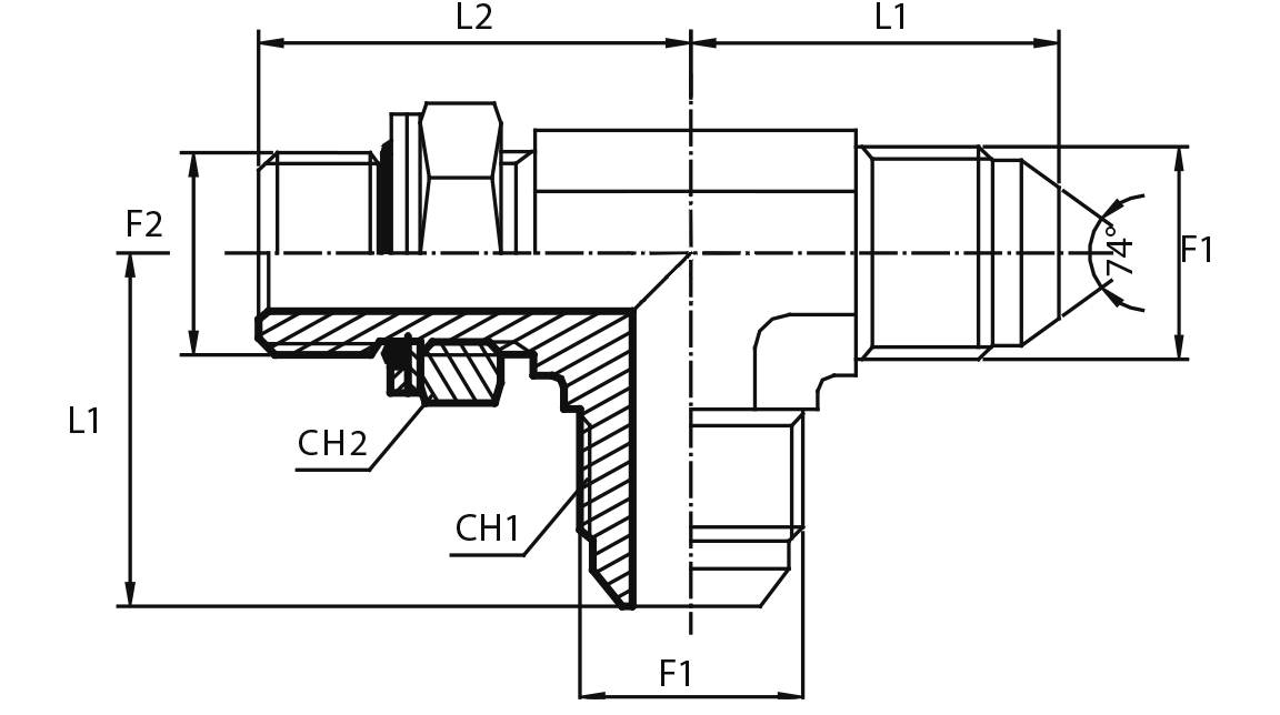 Run Tee male JIC - male BSPP / O-ring and retaining seal