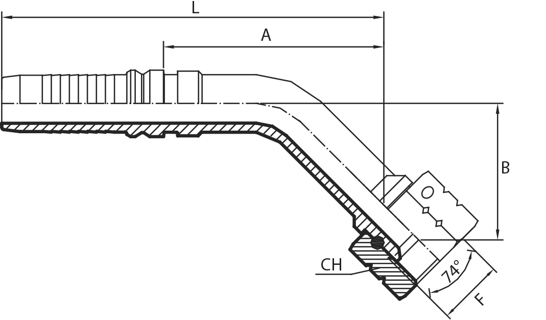 45° JIC Female swept elbow 74° cone (thrust-wire nut) - INTERLOCK