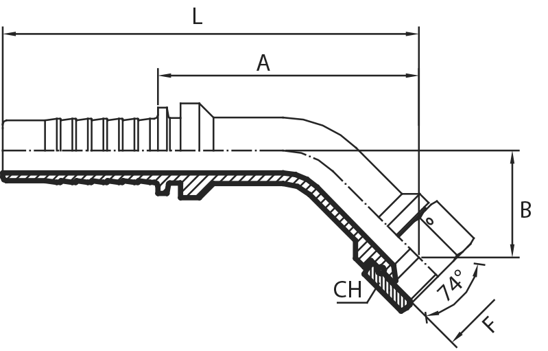 45° JIC Female swept elbow 74° cone (thrust-wire nut)