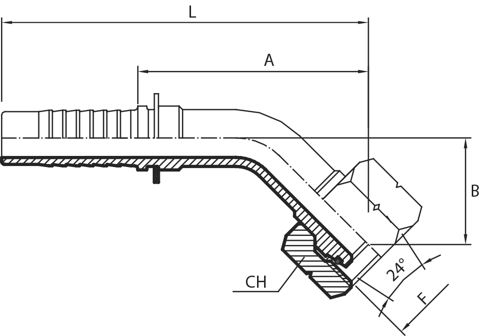 45° O-ring metric female swept elbow 24° cone - L type