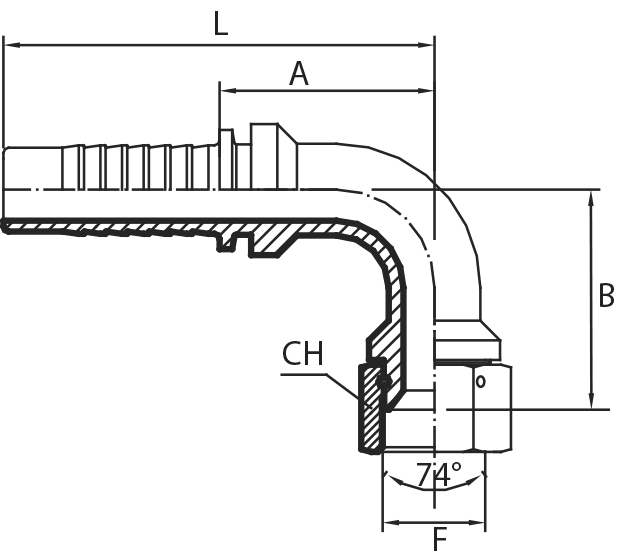 90° JIC Female swept elbow 74° cone (thrust-wire nut)